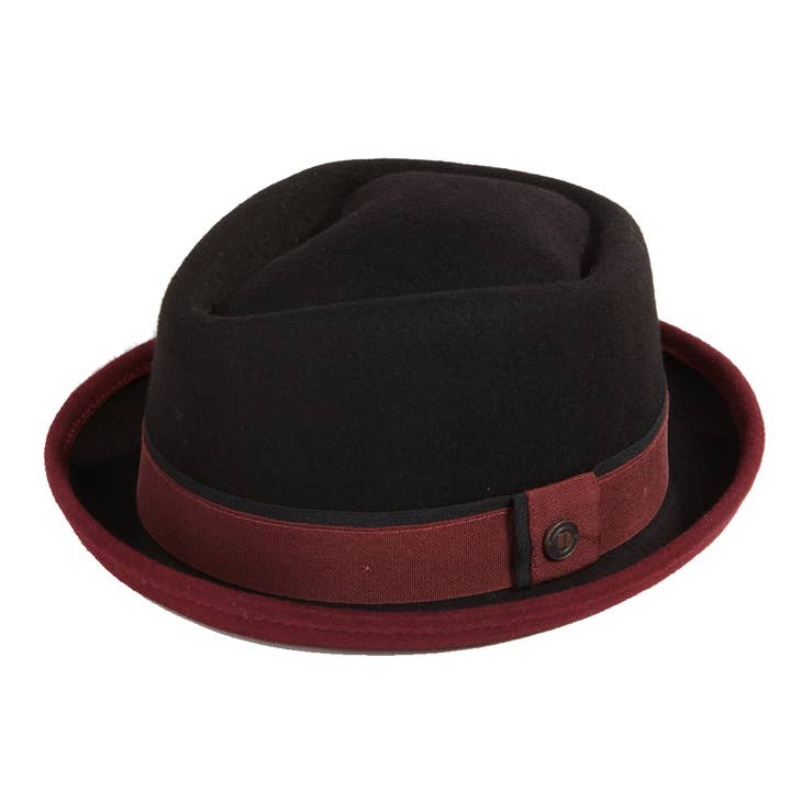 Edward Tweedelige Vilt Diamanten Kroon Porkpie Hoed - Bordeauxrood voor wholesale door Dasmarca Hats