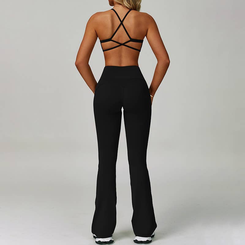 WONDERXFANS - Wholesale Activewear Set - Women's - cross back Sports Bra + Flared Leg pants 2-Piece set1