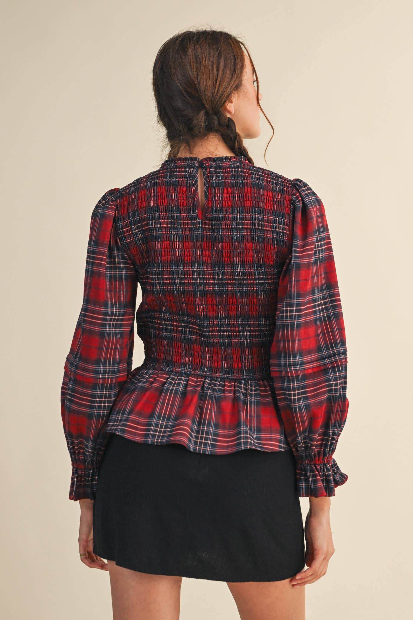 SMOCKED PLAID PUFF SLEEVE PEPLUM TOP MTP4192 for wholesale on Faire18