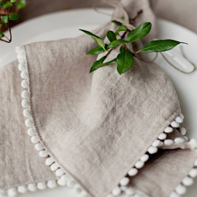 Pom pom trim linen napkin set of 2 | Table decor and other Purchase Wholesale pom pom trim. Free Returns & Net 60 Terms on Faire trending on Faire.