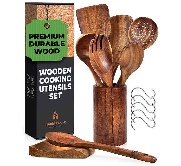 Woodenhouse - Wholesale Kitchen Utensil Set - 8 pcs Wooden Utensils Set with Holder, Spoon Rest & Hooks