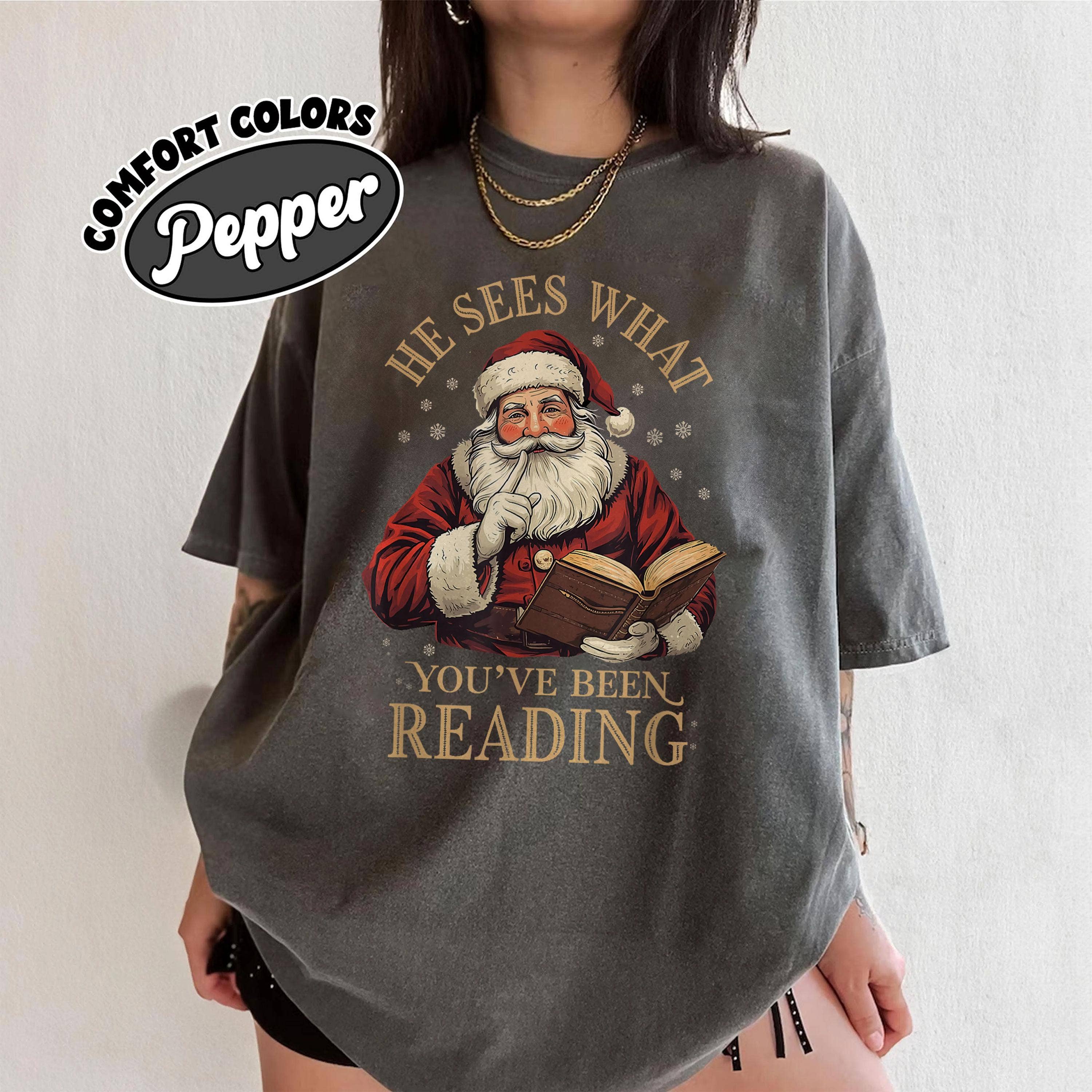 Glaime – wholesale T-shirt (graphic) – women's – Funny Bookish Christmas Santa Comfort Colors Sweater & Tee1