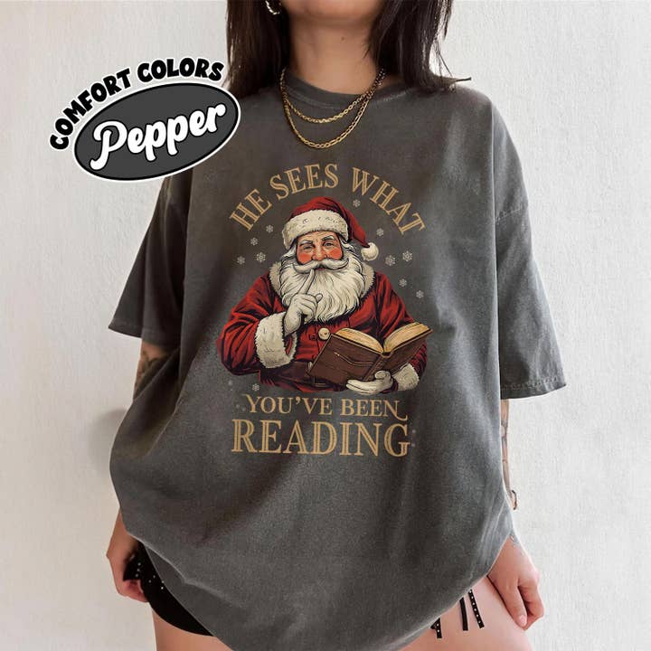 Glaime – wholesale T-shirt (graphic) – women's – Funny Bookish Christmas Santa Comfort Colors Sweater & Tee1