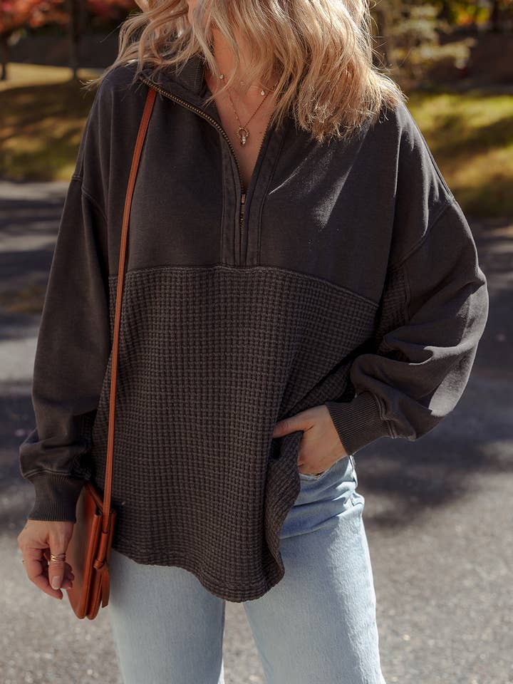 Waffle Knit Patchwork Half Zipped Casual Sweatshirt for wholesale by 1 the Woman