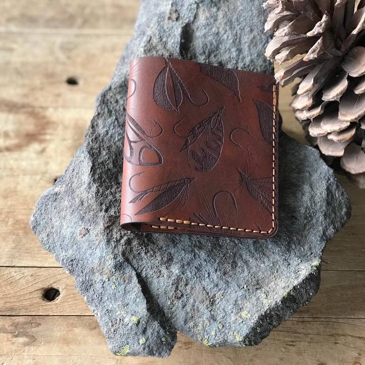 Fly Fishing Leather Bifold Wallet - Saddle Tan for wholesale by Simply Me • Gentlemen Est. 2017 LLC