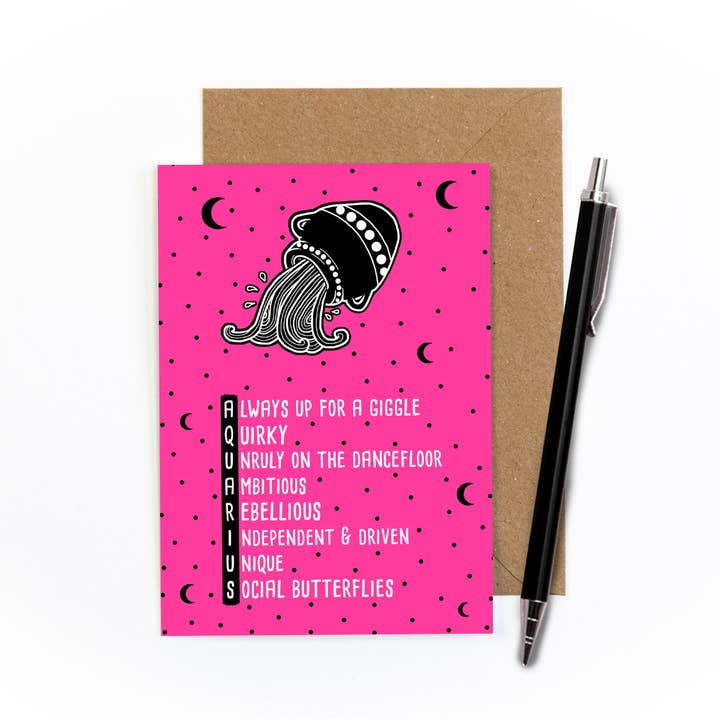 Aquarius Zodiac Greetings Card for wholesale by Amy Illustrates