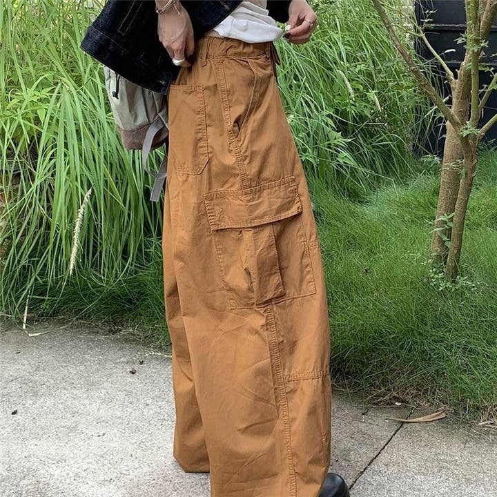 KHAKI Casual Drawstring Wide Leg Pants - Solid Color, Floor-Length for wholesale on Faire