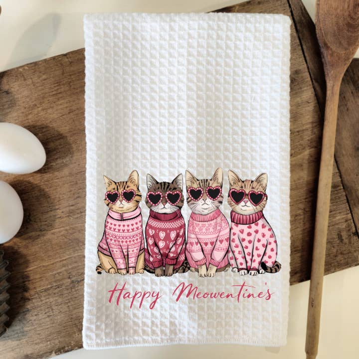 Valentine's Day Cats Waffle Weave Dish Towel Tea Towel for wholesale by Prairie Chicken Sticker Shop & Gifts