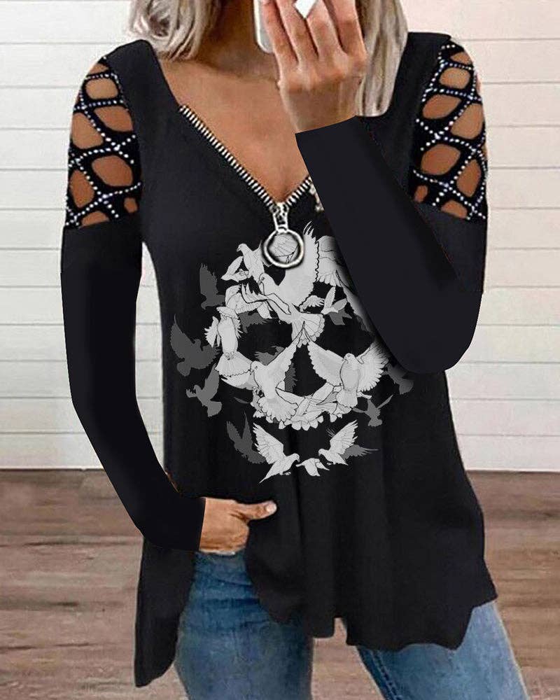 Nero Top in strass traforato con scollo a V Dove Skull in vendita all'ingrosso su Faire0