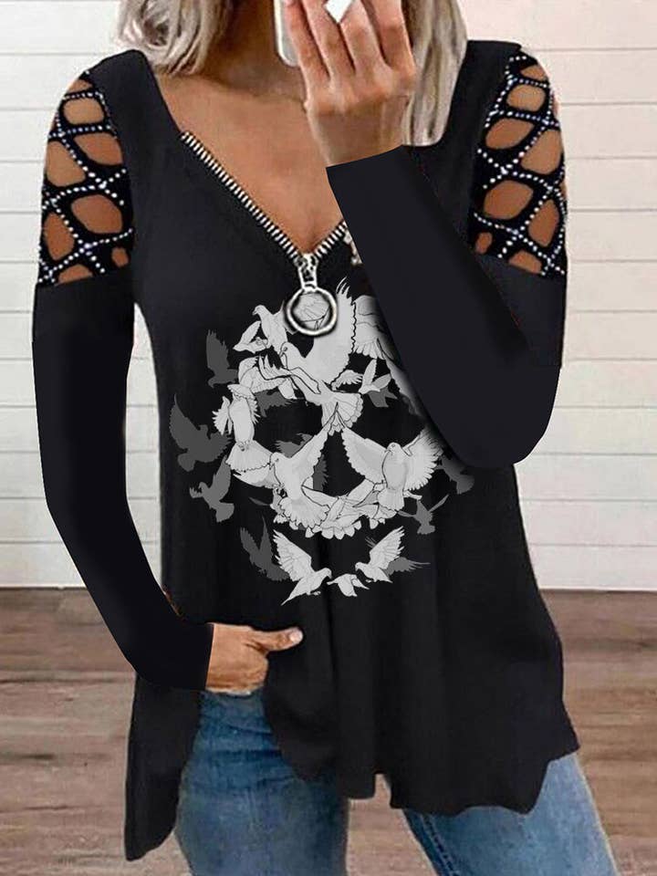 Nero Top in strass traforato con scollo a V Dove Skull in vendita all'ingrosso su Faire0