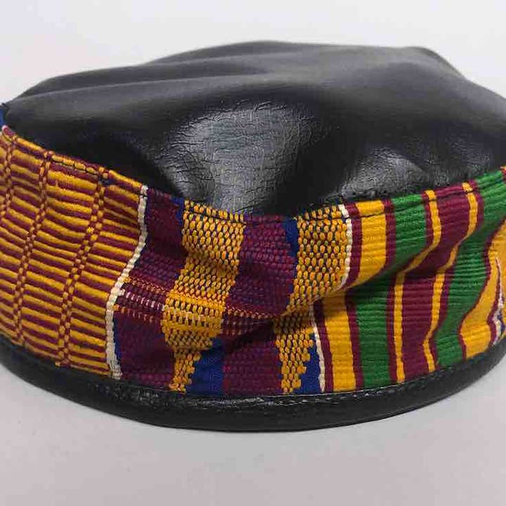 The Niger Bend - Vente Casquette de baseball – unisexe - Tissu Kente bleu Ashanti véritable simili cuir Kufi africain4