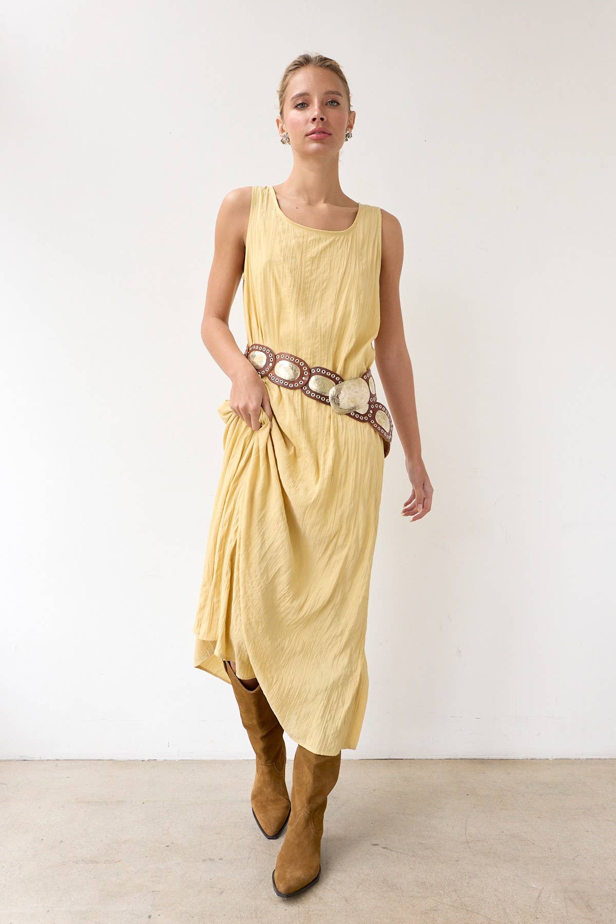 MUTE YELLOW Textured Easy Dress With Slip Dress - RD1103 for wholesale on Faire0