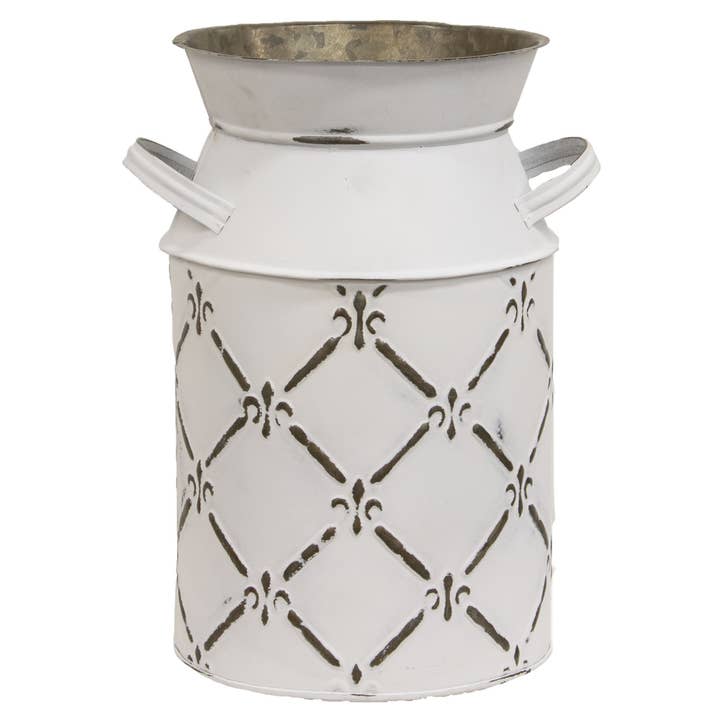 Col House Designs - Wholesale Decorative Jar - Whitewashed Fleur De Lis Galvanized Milk Can, Large