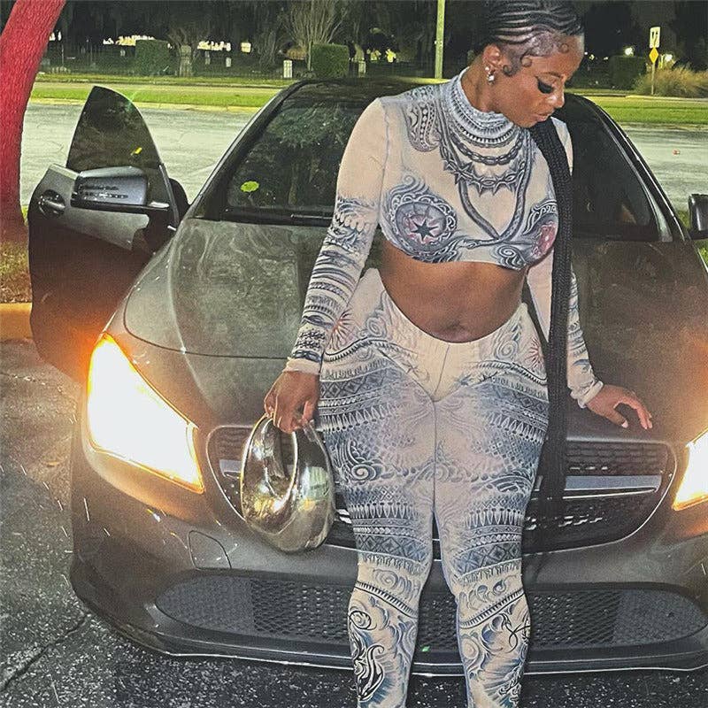 KHAKI MB FASHION TATTOO MESH CROP TOP LEGGING 2 PCS SET 1304LY for wholesale on Faire4