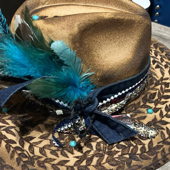 Feathered Gypsy Custom Hats and Boutique - Wholesale Fedora – Women’s - Unique Vine patterned rancher style burned hat
