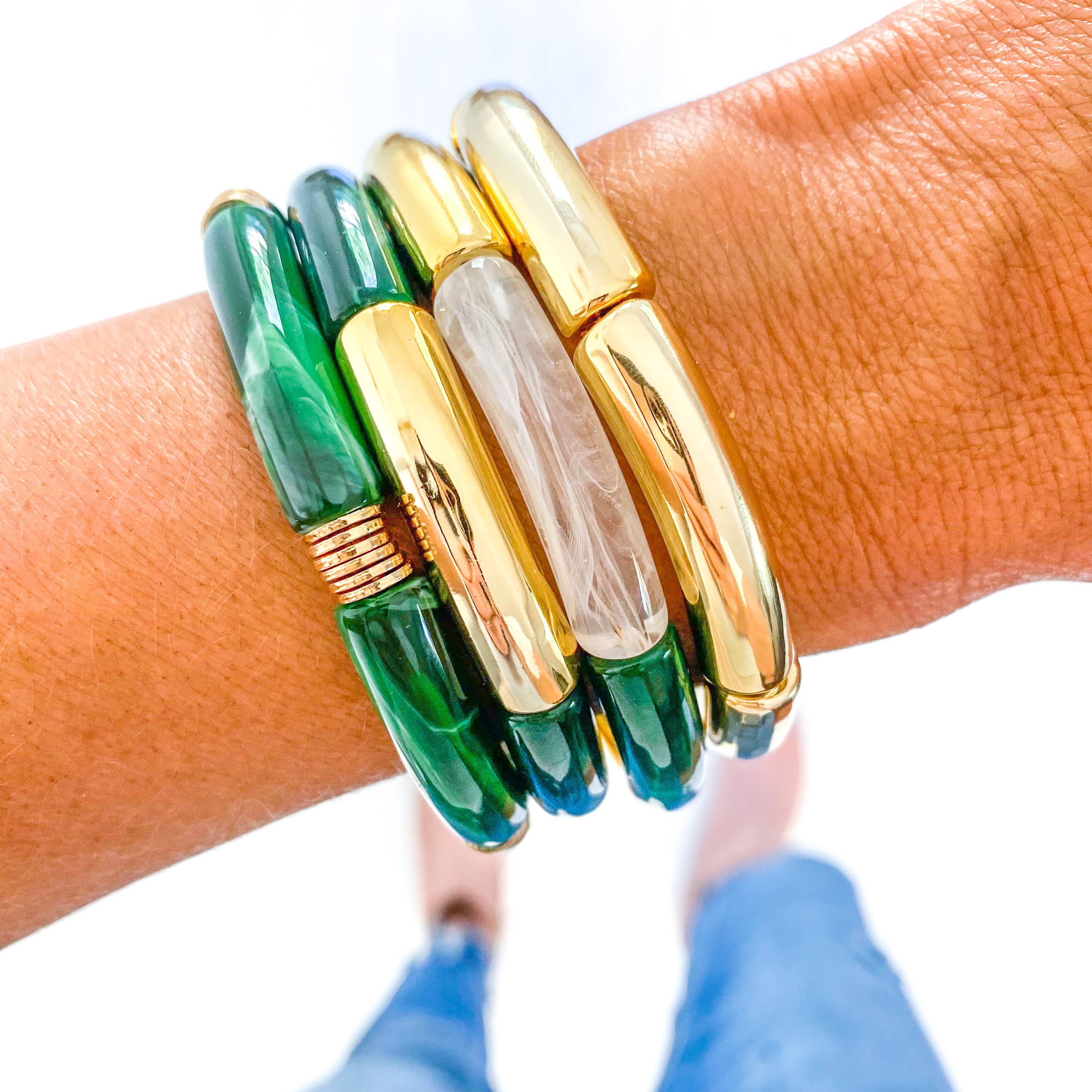 Savvy Bling - Wholesale Beaded Bracelet - Green & White Marble Tube Bamboo Bracelet7