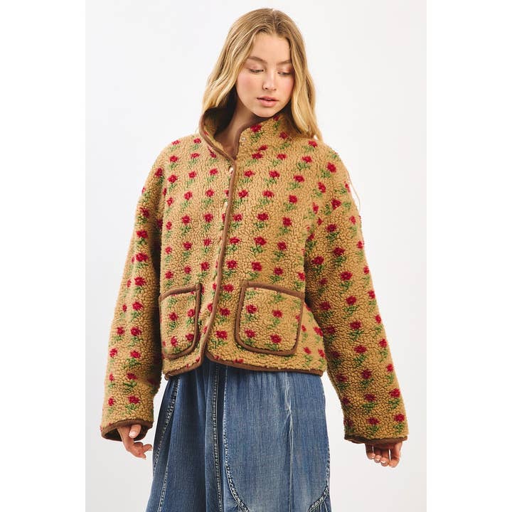 CAMEL FLORAL PRINT SHERPA FLEECE SNAP FRONT JACKET for wholesale on Faire7