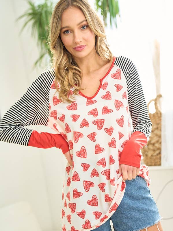 RED BLACK IVORY MST3827-Heart and Stripes top for wholesale on Faire0