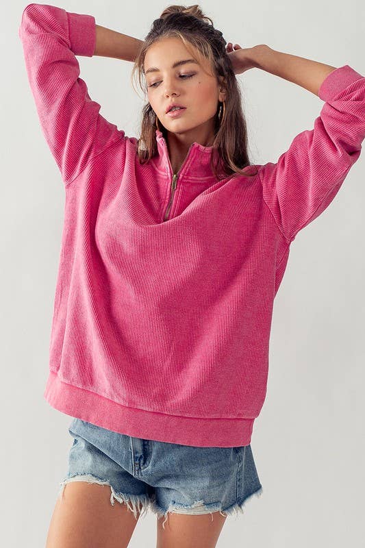 Urban Daizy - Wholesale Sweatshirt - Women's - Vintage Washed Quarter Zip Ribbed Sweatshirt26