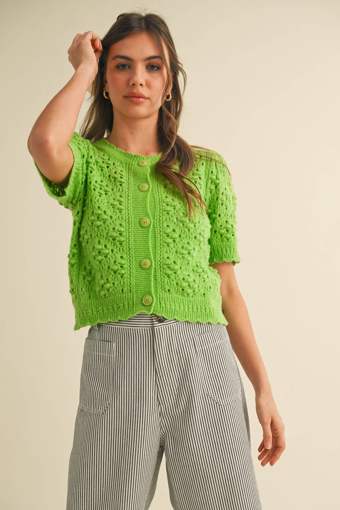 &MERCI - Wholesale Cardigan - Women's - CROPPED POINTELLE BUTTON DOWN SWEATER CARDIGAN MSW1085729