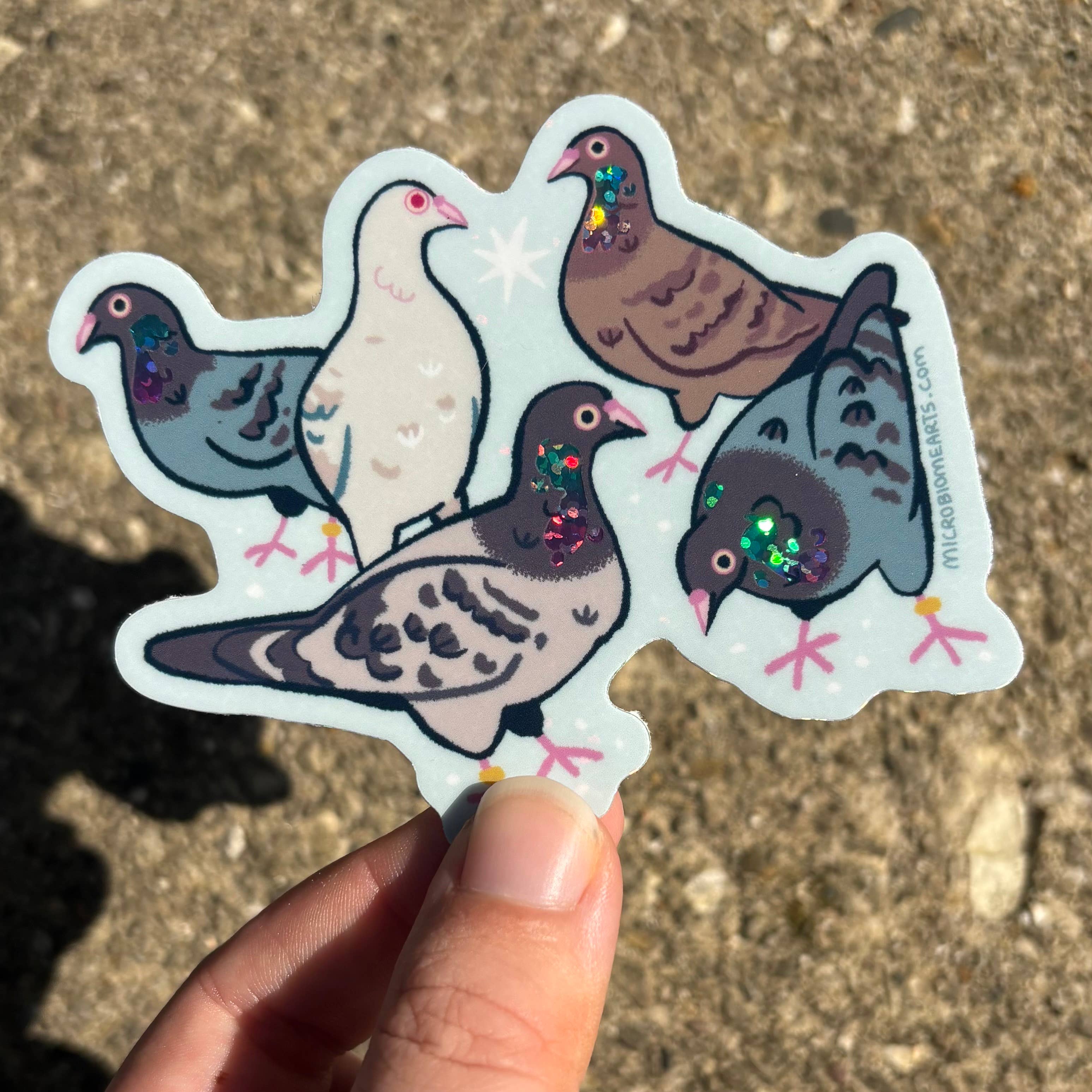 Microbiome Arts - Wholesale Sticker - Sparkly Pigeons 3.5” Sticker3