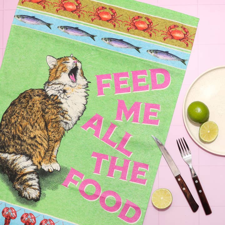 Fawn & Thistle Ltd (US Duties Paid) - Wholesale Tea Towel - Feed The Cat Tea Towel | 100% Cotton Dish Towel 1