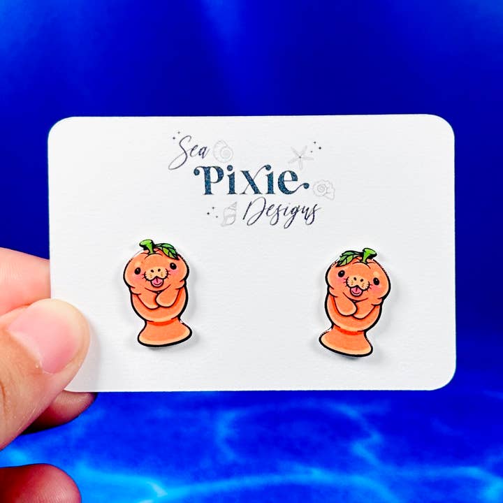 Orange Fruit Manatee Stud Earrings, Coastal Florida for wholesale by Sea Pixie Designs