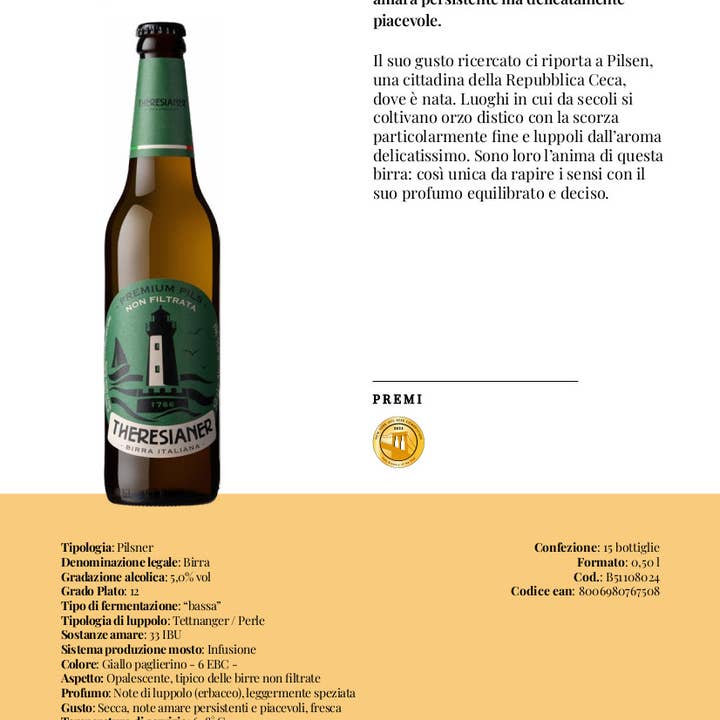 Metina SAS - Vendita all'ingrosso Birra - Birra Premium Pils Non Filtrata Theresianer 50 cl.