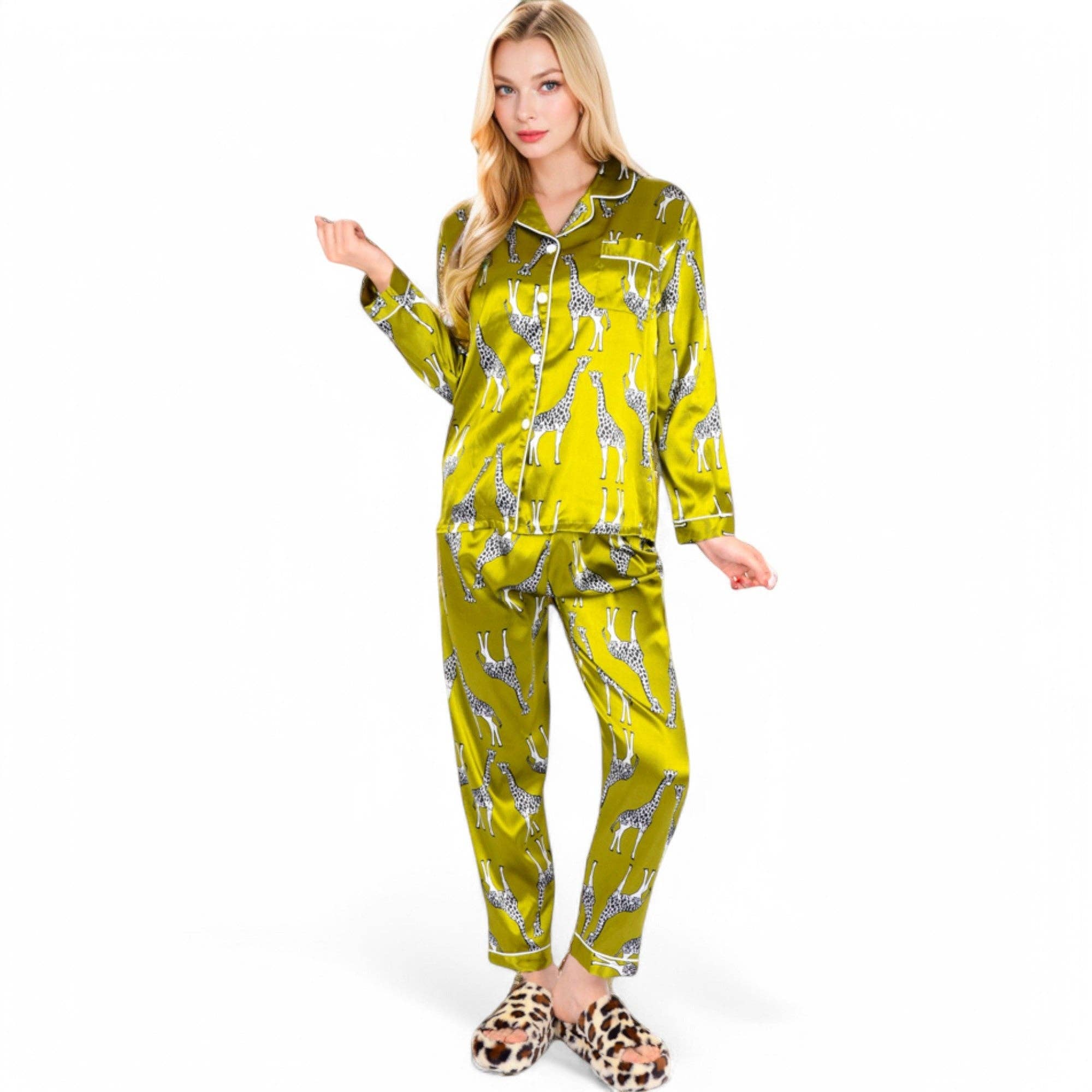 Yellow Satin Pajama Set with Giraffe Print and Button-Down Top for wholesale on Faire5