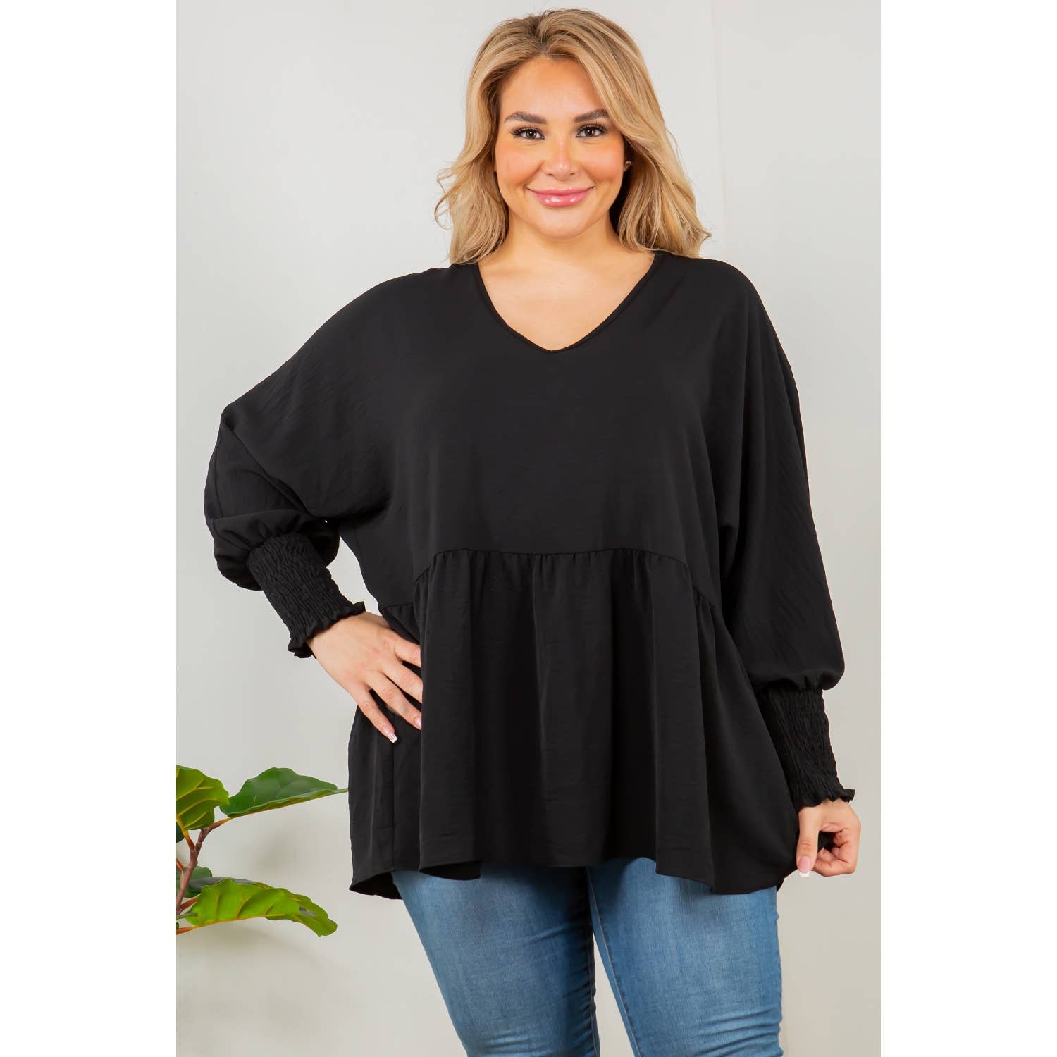 Curve Market - Vendita all'ingrosso Tunica - Donna - TOP A MANICHE LUNGHE BABYDOLL PLUS SIZE CON SCOLLO A V0