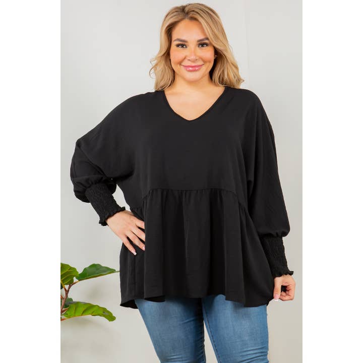 Curve Market - Vendita all'ingrosso Tunica - Donna - TOP A MANICHE LUNGHE BABYDOLL PLUS SIZE CON SCOLLO A V