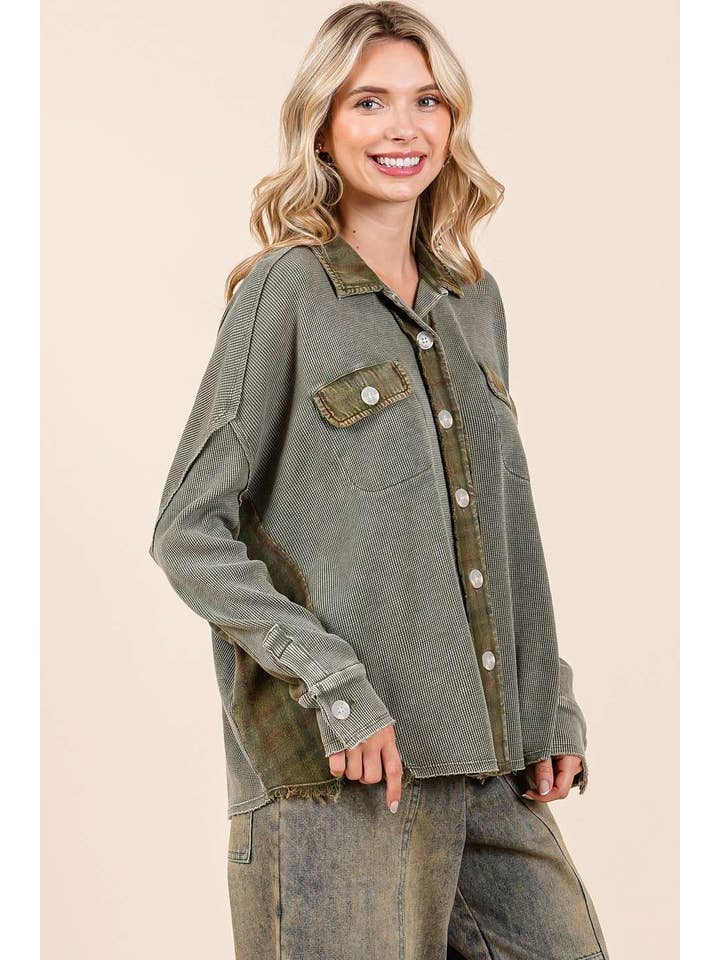 mittoshop - Wholesale Shirt Jacket/Shacket - Women's - MINERAL WASH PLAID CONTRAST WAFFLE KNIT SHACKET14