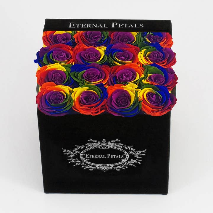 Fleur préservée qui dure des années - Carré noir (arc-en-ciel) pour la vente par Eternal Petals