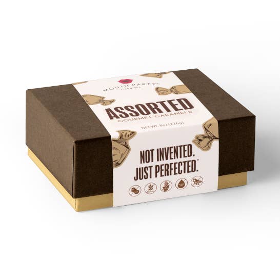 Assorted caramel 1/4 lb gift box for wholesale by Mouth Party, LLC