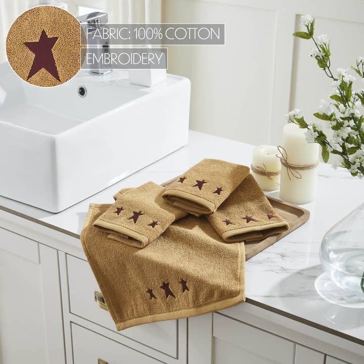 VHC Brands - Wholesale Wash Cloth - Burgundy Prim Stars Tan Washcloth Set of 4 12x12