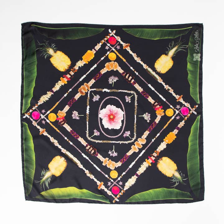 Live A Lei Life Silk Scarf - Black or Army Green for wholesale by Lola Pilar Hawaii