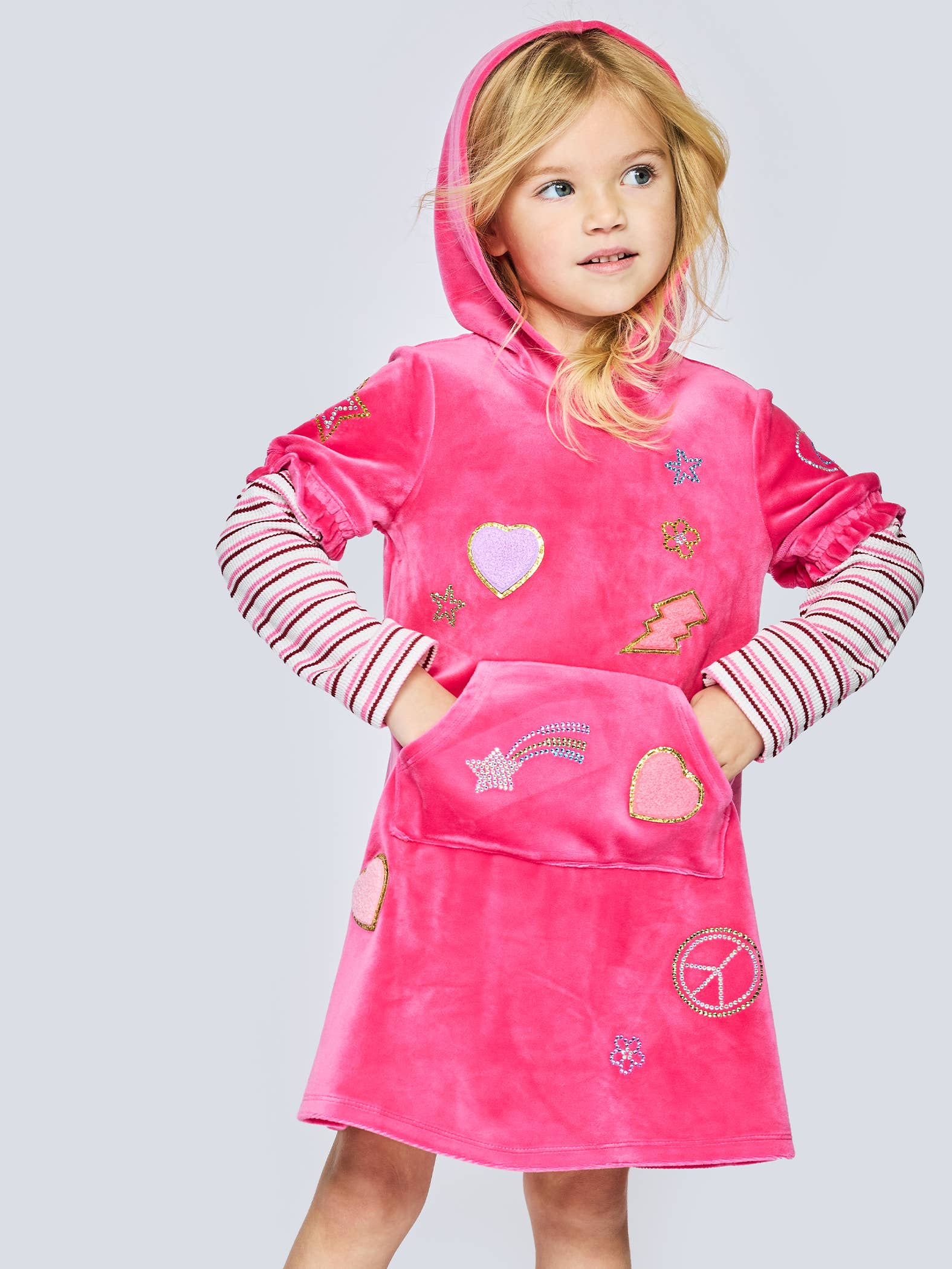 Fuchsia L/s Velour Hoodie Dress W/ Patch and Rhinestones for wholesale on Faire3