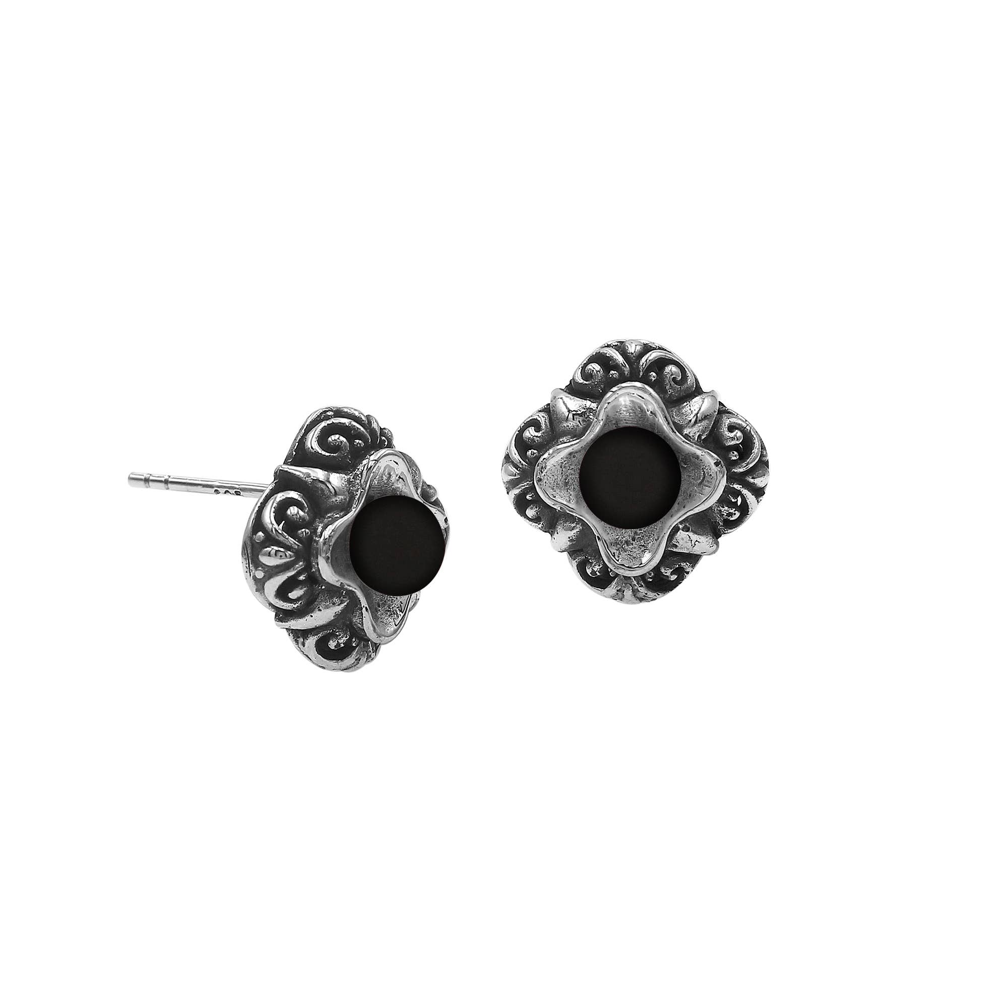 Bali Designs - Wholesale Stud/post earrings - AE-6311-OX Sterling Silver Flower Design Earring With Onyx