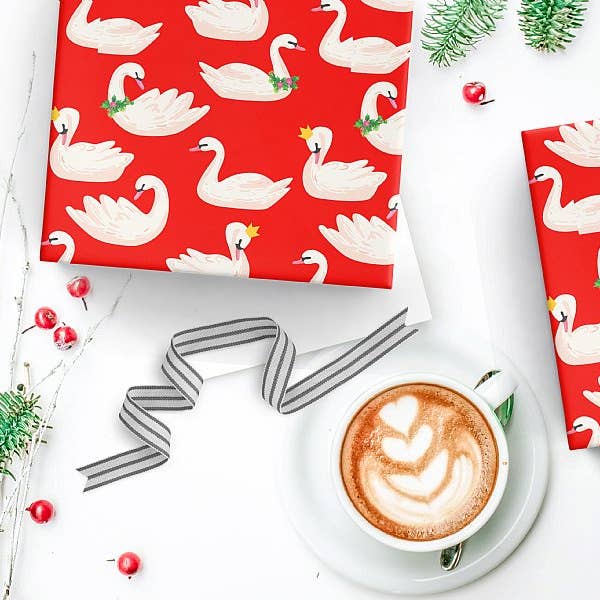 Loralee Lewis - Wholesale Wrapping Paper Roll - Christmas Seven Swans Swimming Red Gift Wrap