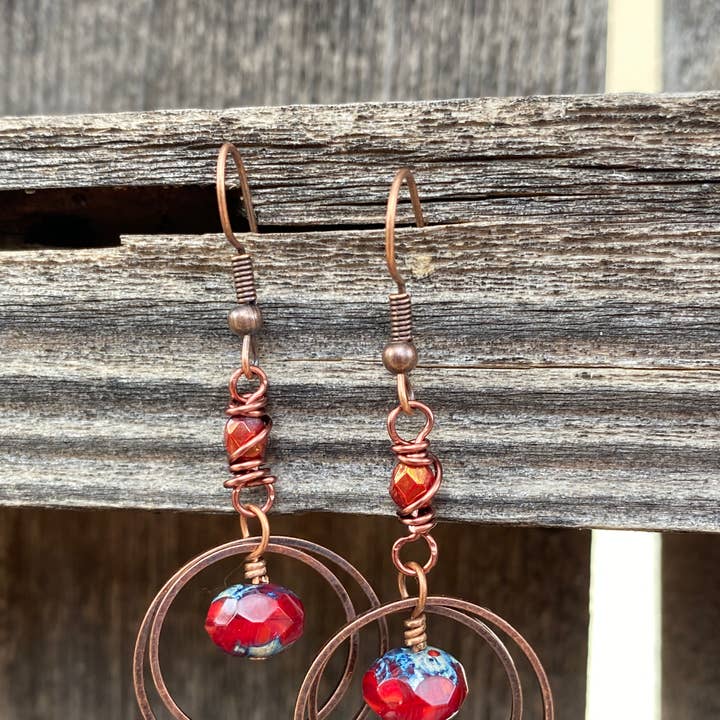 Red Saturn Earrings, Copper Double Hoop for wholesale by Casa Kira