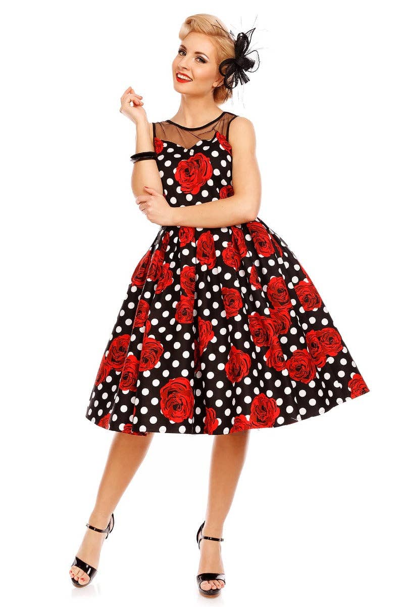 Dolly & Dotty – wholesale Dress – Women's – Elizabeth Vintage Style Polka Roses Party Dress in Black-Red8