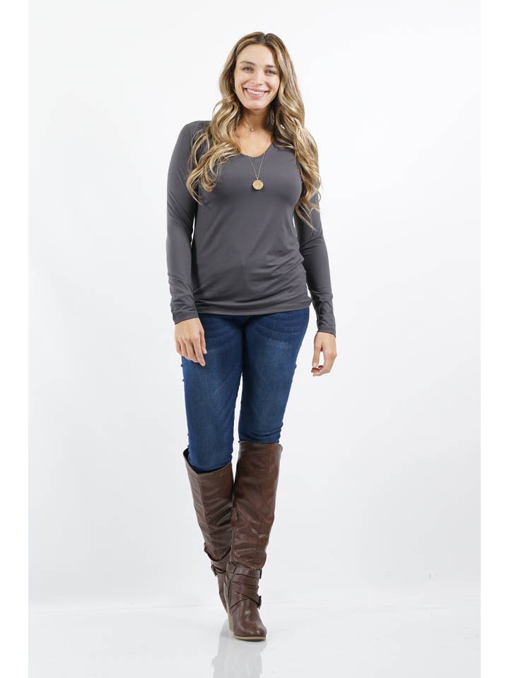 42POPS - Wholesale T-Shirt - Women's - ",.Plus Microfiber Long Sleeve V Neck Tee