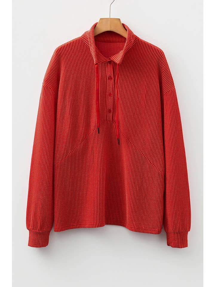 Racing Red Corded Knit Half-Button Collared Top for wholesale on Faire5