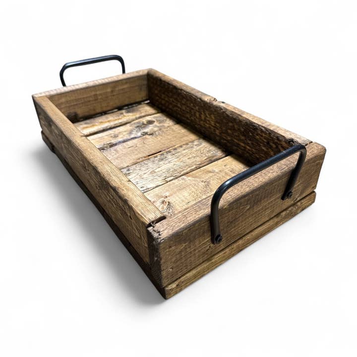 Handcrafted Pine Wood Tray with Steel Handles for wholesale by Forever Green Art