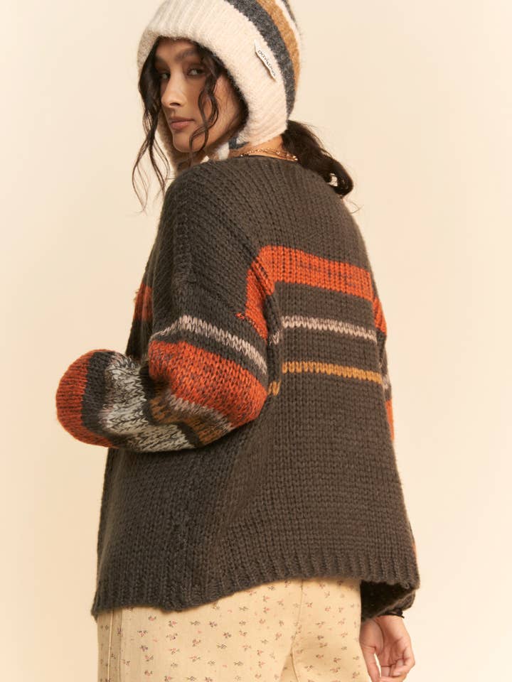 Charcoal Gray MULTI STRIPED DROP SHOULDER SHORT LENGTH CARDIGAN for wholesale on Faire