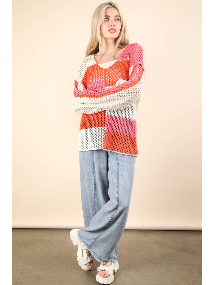 VERY J - Wholesale Knit Sweater - Women's - 12W3361N-Color Block Oversized Summer Knit Sweater Top