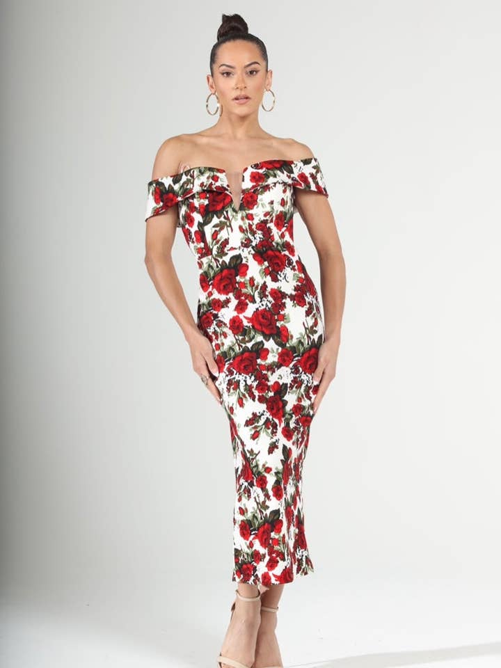 Vestido Midi Ombro a Ombro Rosalie por atacado de Pinup Couture