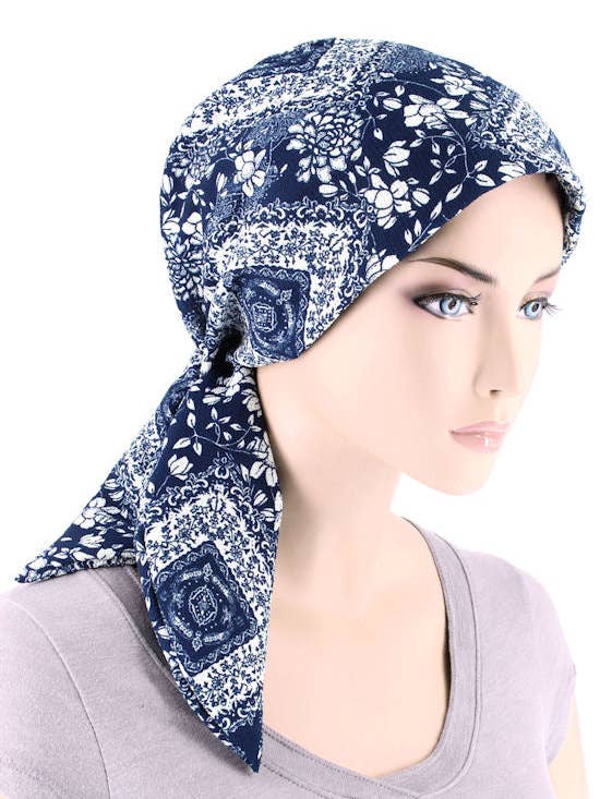 Chemo Fashion Scarf Navy White Floral for wholesale by Turban Plus