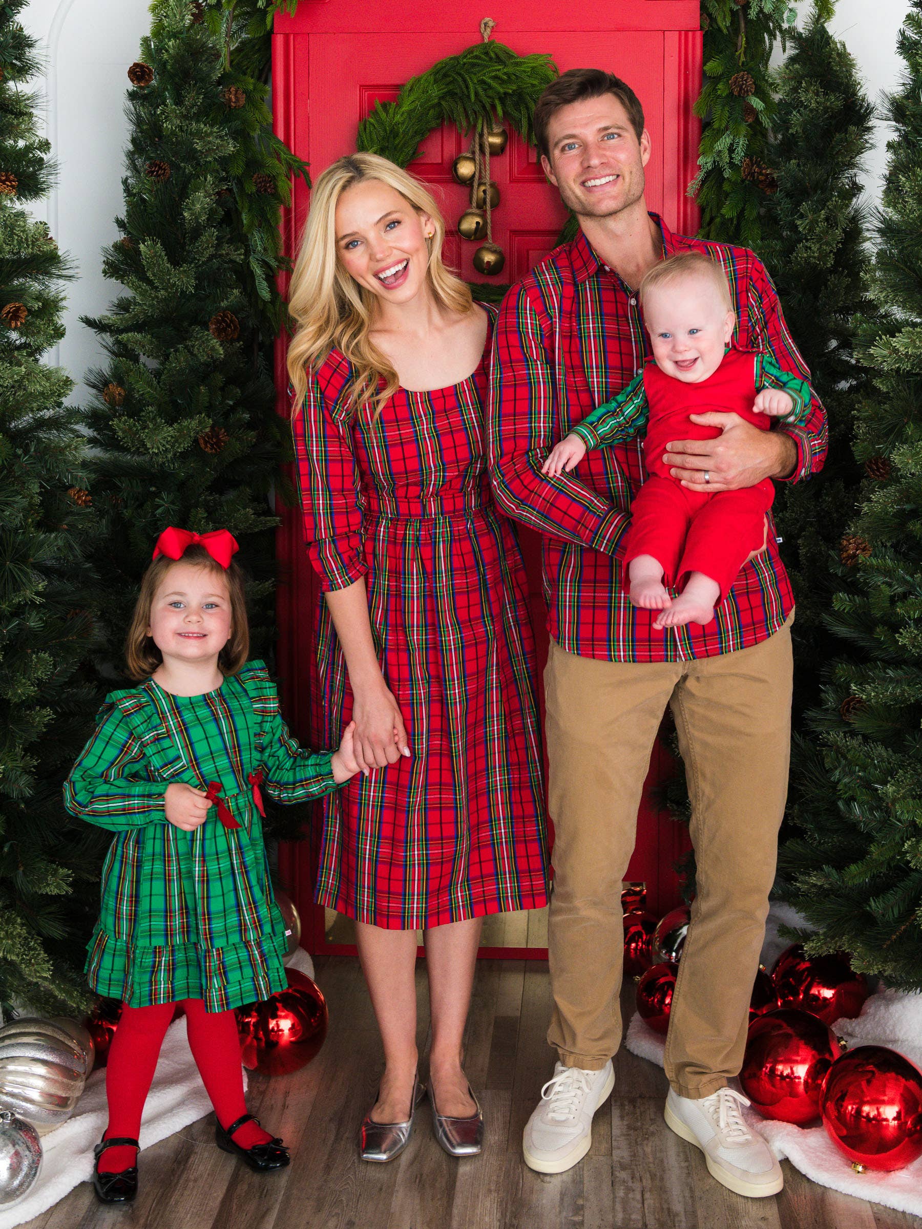 Girls Green Nicholas Plaid Woven Long Sleeve Waterfall Bow Dress for wholesale on Faire1