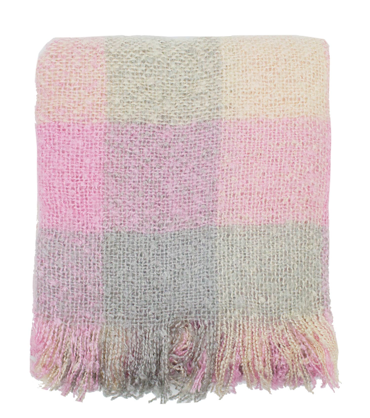 Fennco Styles - Wholesale Throw Blanket - Pink-Multi Faux Mohair Plaid Fringed Throw Blanket1